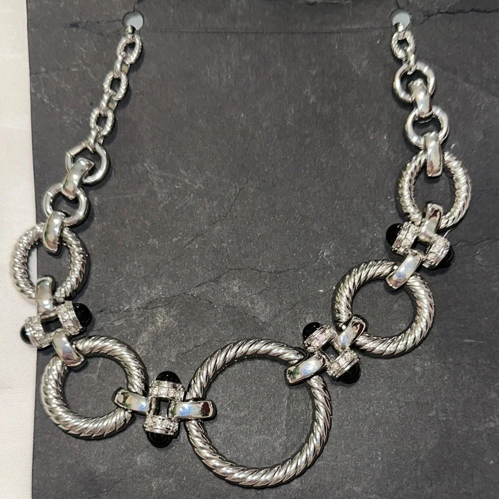 White House Black Market Silver Tone Pave Crystal Black Bead Statement Necklace